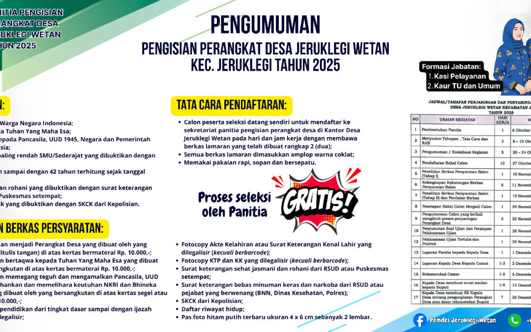 “Pemerintah Desa Jeruklegi Wetan Buka Pendaftaran Perangkat Desa Tahun 2025, Proses Seleksi Gratis!”